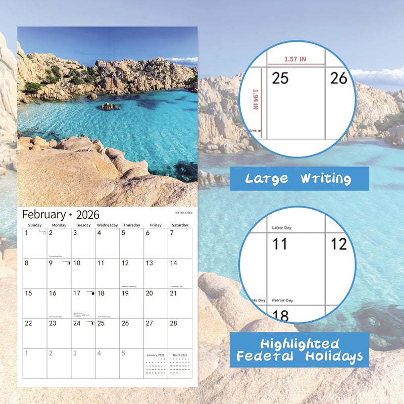 windrio 2026 Wall Calendar,Calendar 2026, November 2025 - December 2026, Wall Calendar Ocean Beaches, 12" x 24" Opened,Full Page Months Thick & Sturdy Paper for Calendar Organizing & Planning - Image 3